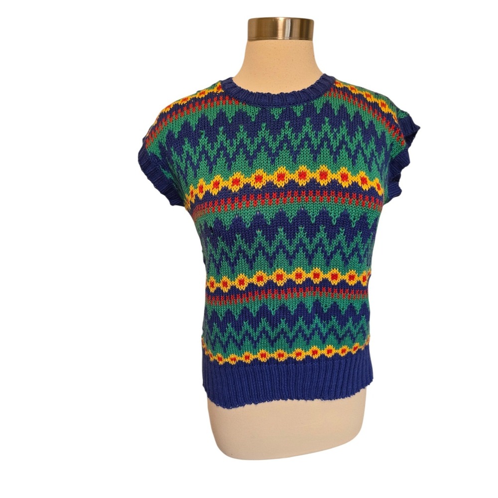 Womens 80s 90s Vintage Short Sleeve Sweater Size Large Blue Knit‎